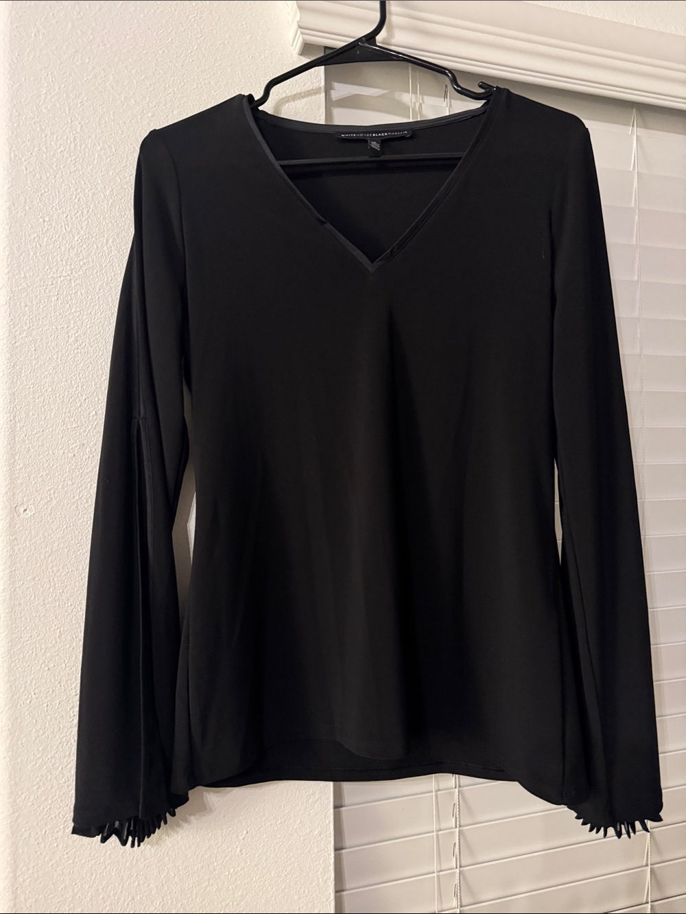 White House Black Market Black V-Neck Blouse with Pleated Bell Sleeves